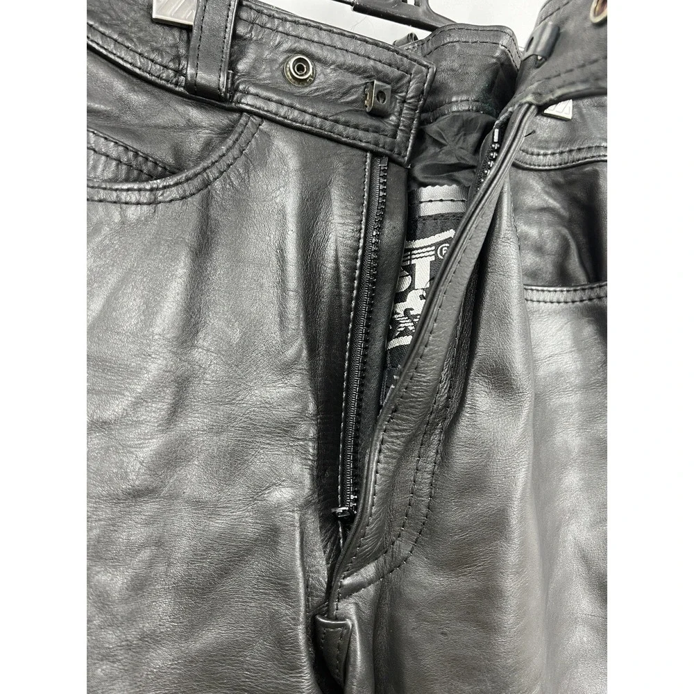 First Genuine Leather Pants Womens Black Smooth Motorcycle Pants Size 28 - Picture 2 of 7